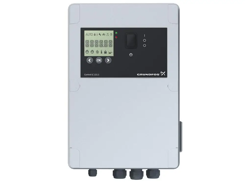 Steuerungssystem von Grundfos mit Display und Bedienelementen, ausgestattet mit mehreren Anschlüssen für elektrische Verbindungen und Statusanzeigen.